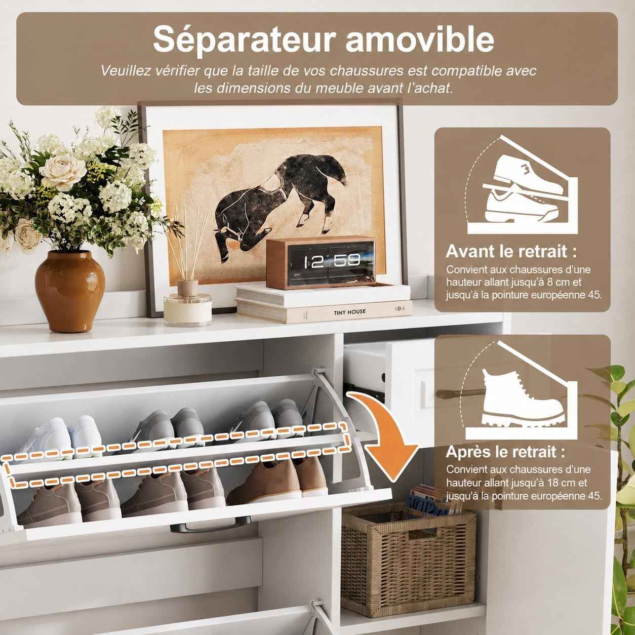 Meuble À Chaussures Avec 3 Compartiments Abattants, Tiroir, Compartiment Latéral À Étagères Réglables, Armoire À Chaussures Pour Entrée, Blanc
