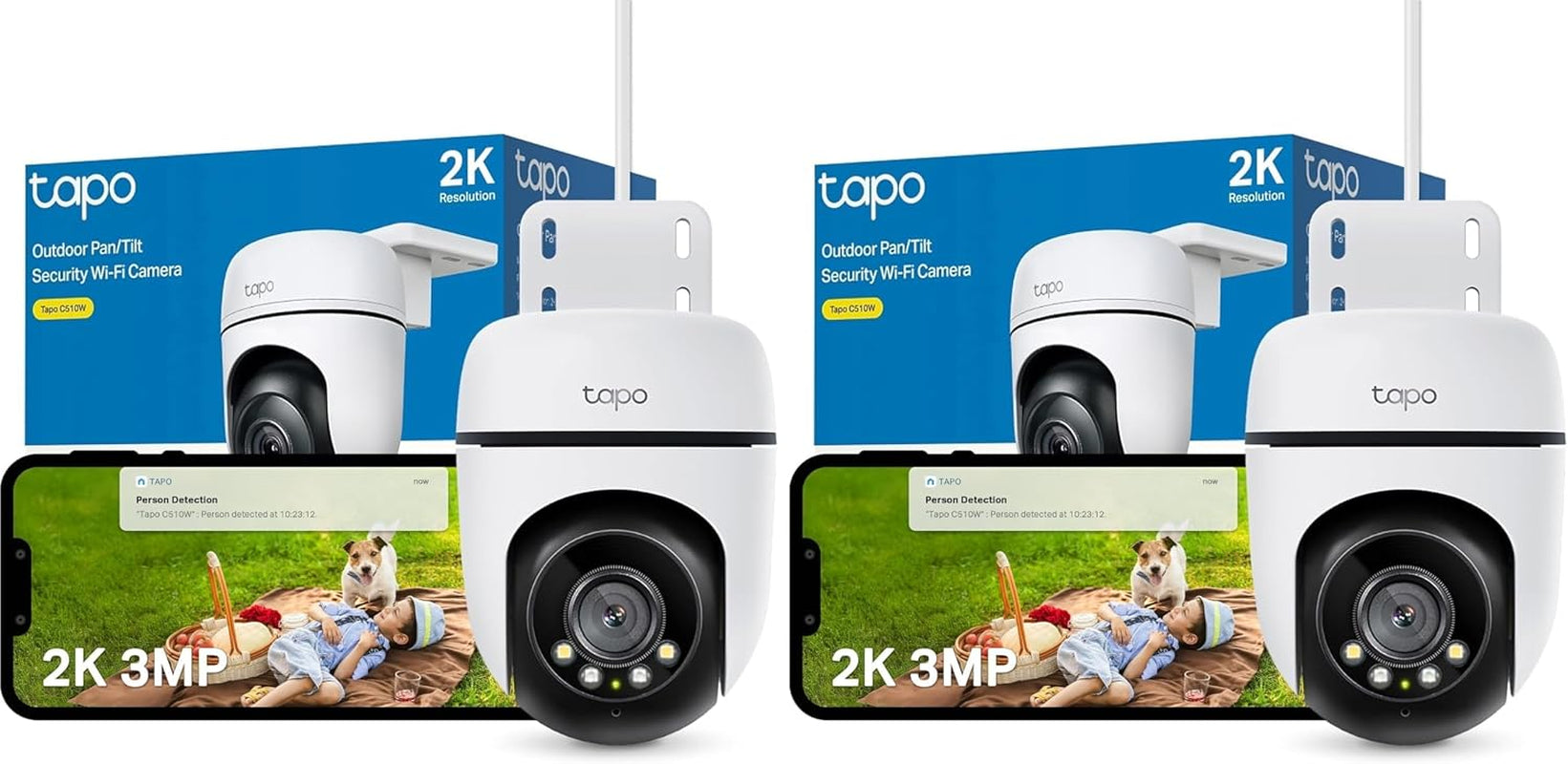 C510W 2K Caméra De Surveillance Wifi Extérieur 360°, Vision Nocturne Couleur, Détection De Personne Et Suivi De Mouvement, Étanche IP65, Alarme Sonore Personnalisable (Lot De 2)