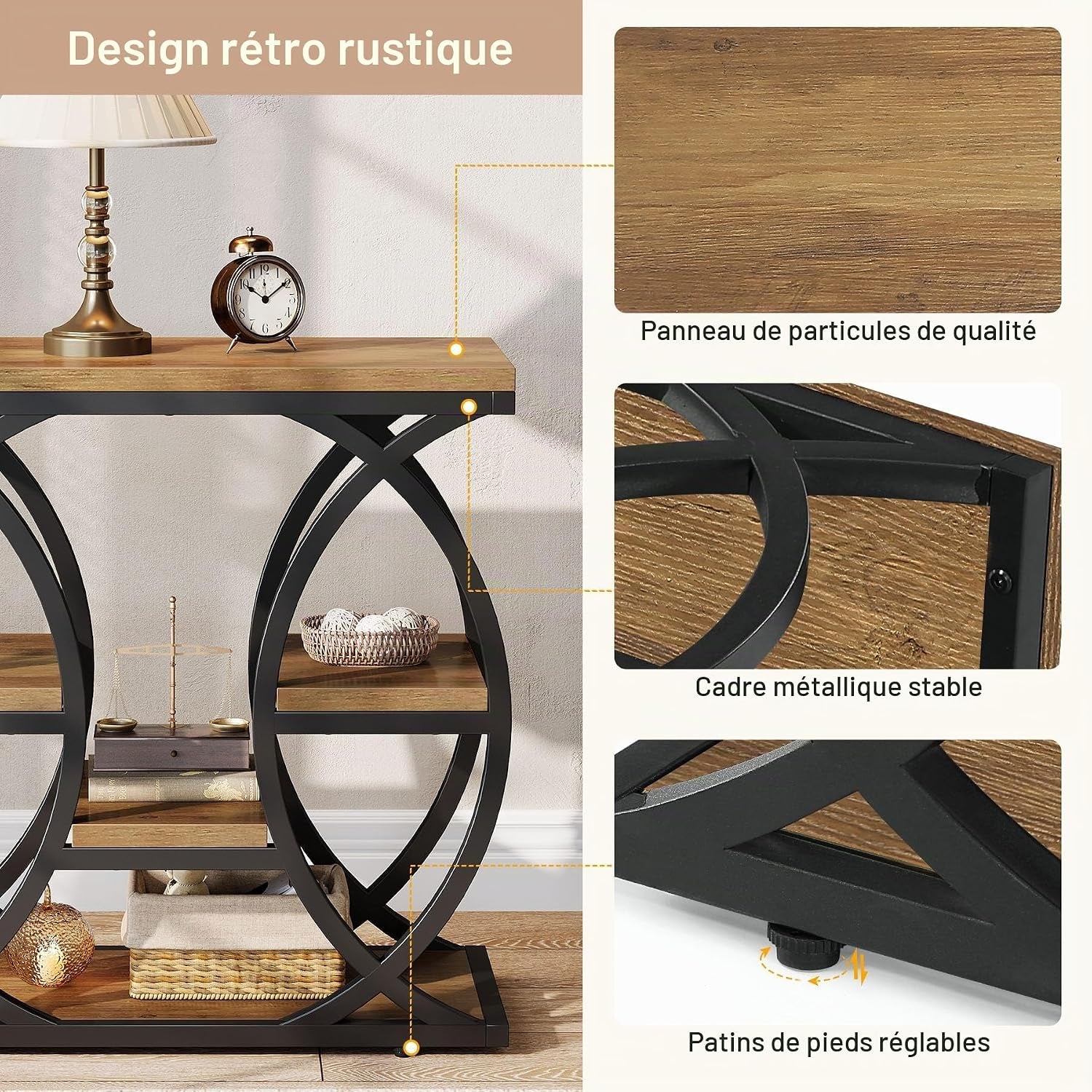 Table D'Appoint Avec 4 Étagères, Table De Chevet Étroite Avec Espace De Rangement, Table Basse Industrielle Pour Salon, Chambre À Coucher, Entrée, Marron Clair