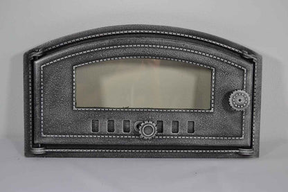Porte De Four En Fonte Avec Vitre En Verre Résistant À La Chaleur, Ouverture Vers La Gauche, Porte De Four À Pizza, Four À Pain, 48,5 X 6,5 X 27,5 Cm, Peinture Semi-Circulaire Et Argent Vieilli