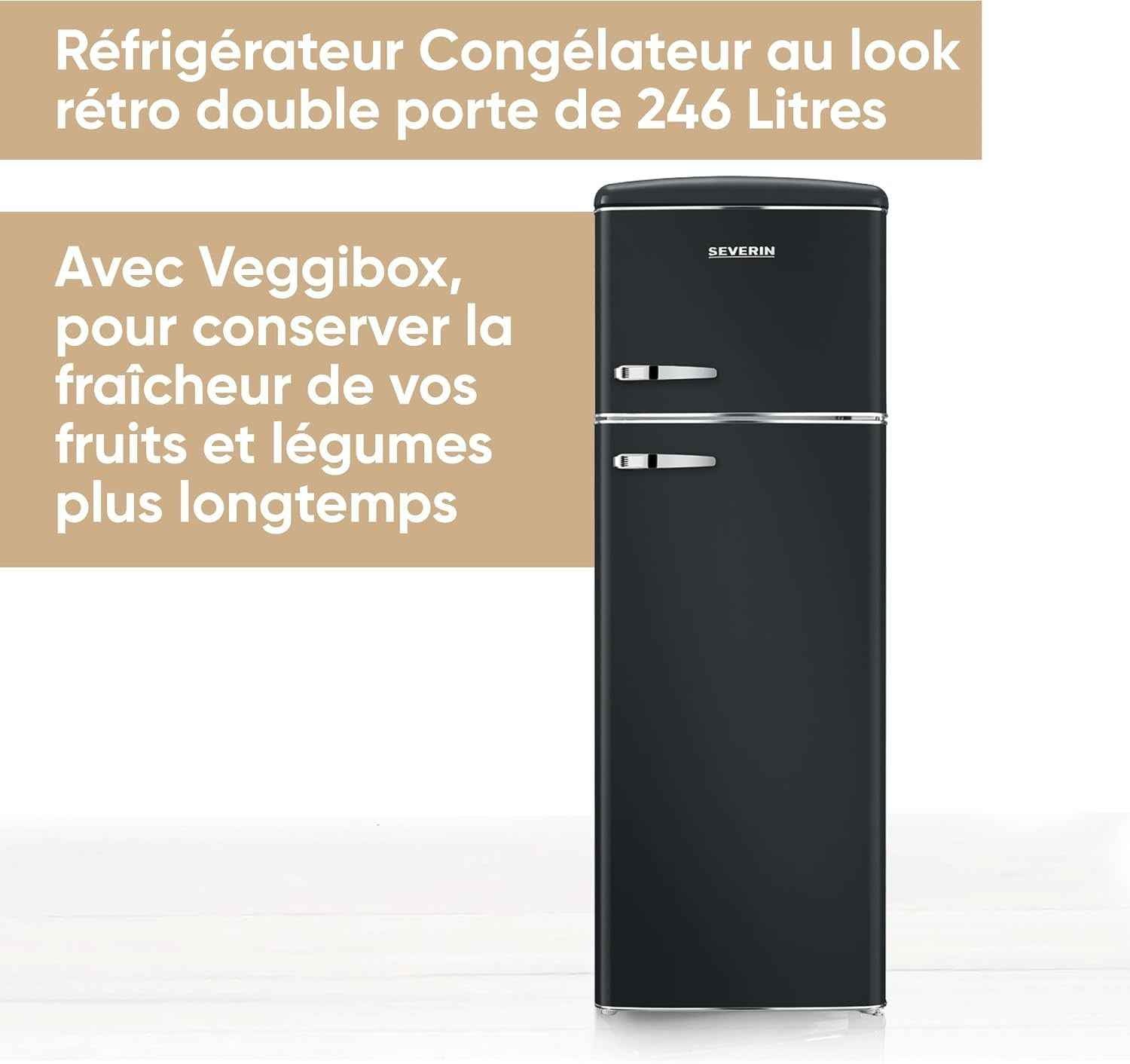 Réfrigérateur Congélateur 2 Portes, Pose Libre, Réfrigérateur Double Porte Avec Congélateur Largeur 55 Cm, 246 L, Classe D, Look Rétro, Noir Mat, RKG 8984