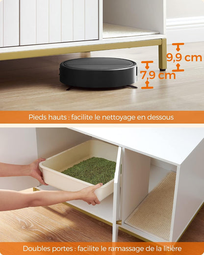 Meuble Litière Pour Chat, Maison De Toilette Pour Chat, Avec Tapis De Grattage, Pieds Hauts, Table D'Appoint, 80 X 50 X 55 Cm, Blanc Et Doré PCL007W01