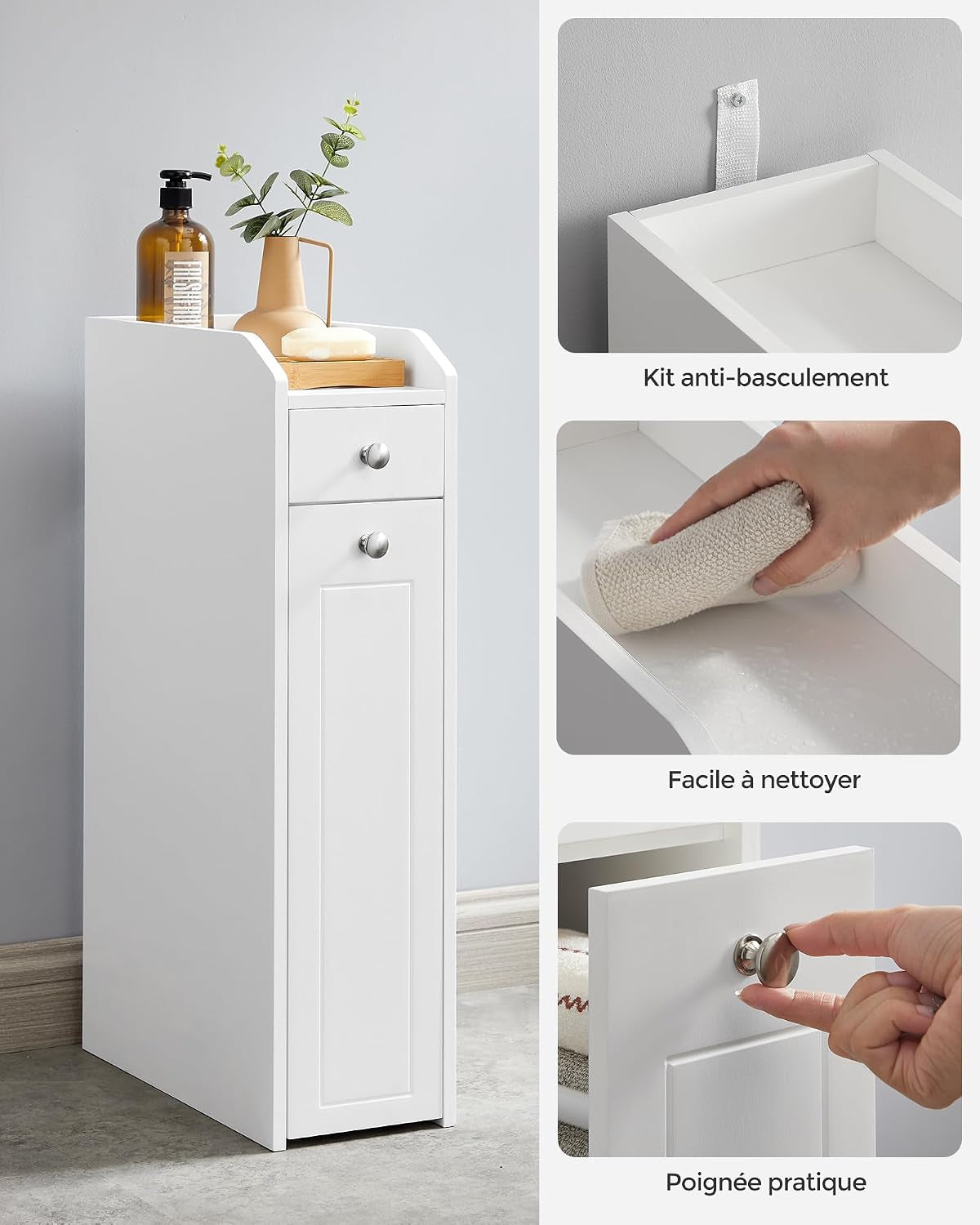 Petit Meuble De Salle De Bains, Placard Étroit, Petit Meuble De Rangement Pour Papier Toilette, Armoire De Toilette Avec Tiroir, Commode Sur Pieds, Pour Petits Espaces, Blanc BBC847P31