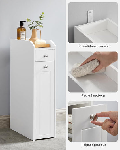 Petit Meuble De Salle De Bains, Placard Étroit, Petit Meuble De Rangement Pour Papier Toilette, Armoire De Toilette Avec Tiroir, Commode Sur Pieds, Pour Petits Espaces, Blanc BBC847P31
