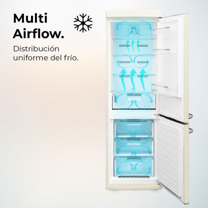 Réfrigérateur Combiné Rétro À Deux Portes 294 L Bolero Coolmarket Combi Origin 294 Beige. Hauteur 190 Cm Et Largeur 60 Cm, No Frost Total, Refroidissement Multiple, Ultra Fresh