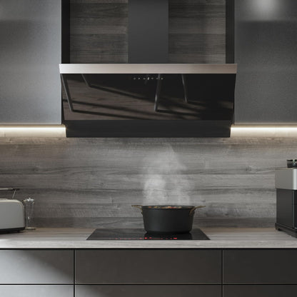 Hotte Aspirante 90Cm Bolero Flux DT 906500 Glass Black A. 165W Sur 3 Niveaux, Finition En Verre Noir, Aspiration 650M3/H, Touch Control, Booster, Light, Carbon Filter