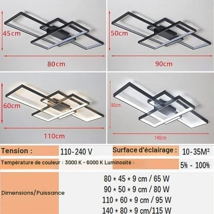 Luminaire Plafonnier Salon, Plafonnier LED Dimmable, Irrégulier Lampe Rectangulaire En Métal Acrylique, Plafonnier LED Chambre Telecommande,Noir,110 * 60CM/95W
