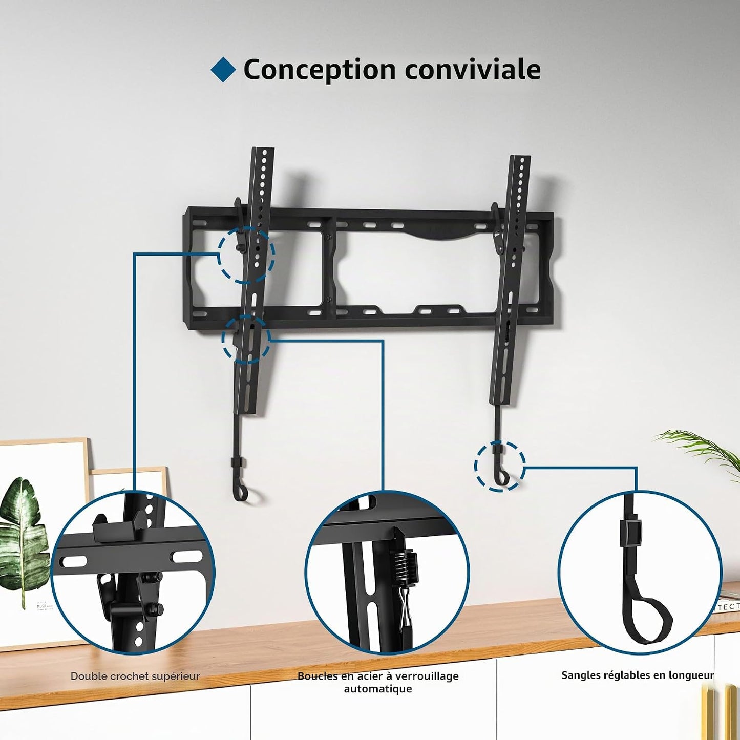 Support Mural TV Inclinable 17-86 Pouces, Charge 75 Kg | VESA 75X75 À 600X400Mm, Niveau À Bulle Et Attaches De Câble Inclus, Compatible Avec Écrans LCD, LED Et Plasma