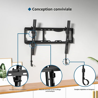 Support Mural TV Inclinable 17-86 Pouces, Charge 75 Kg | VESA 75X75 À 600X400Mm, Niveau À Bulle Et Attaches De Câble Inclus, Compatible Avec Écrans LCD, LED Et Plasma