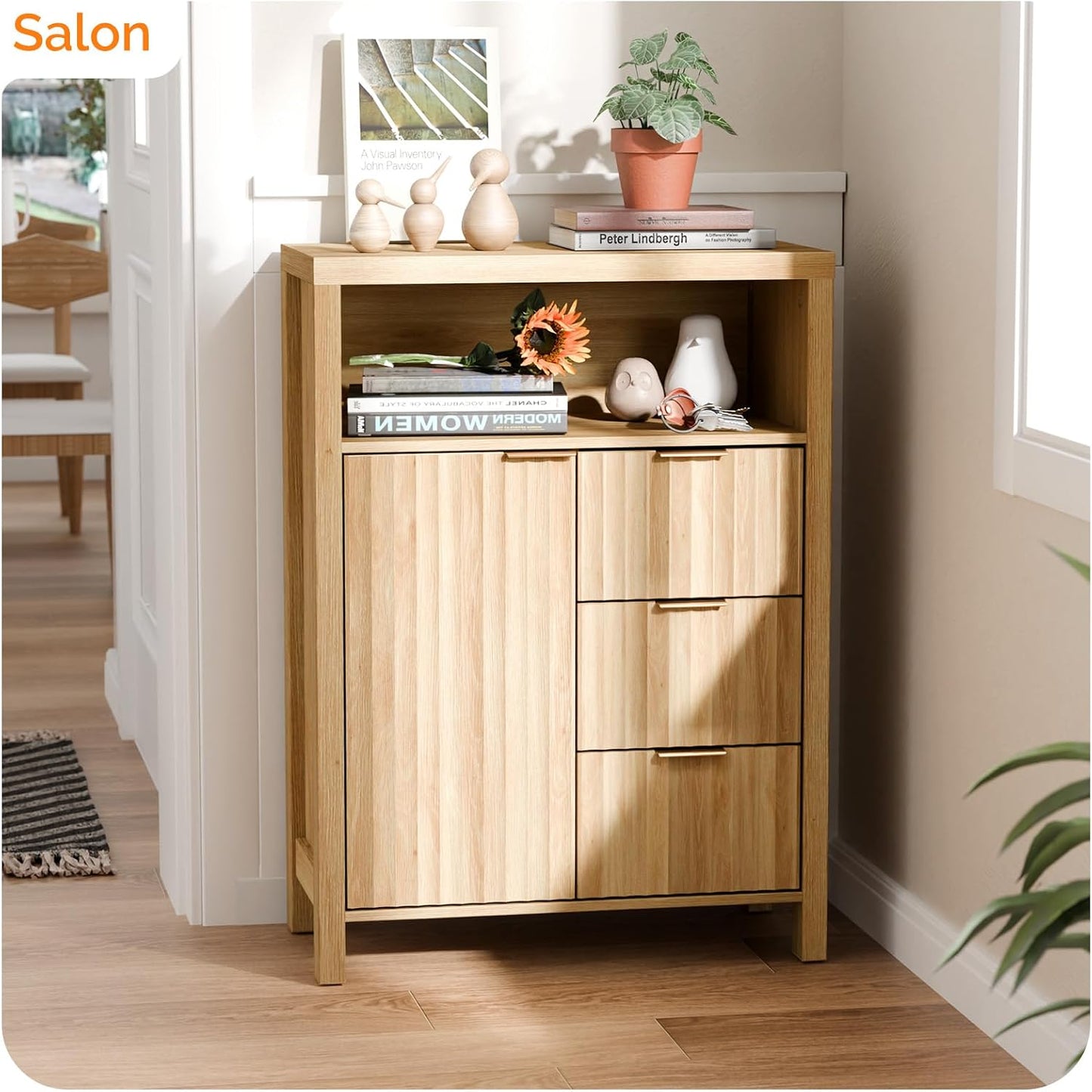 Meuble De Rangement, Armoire De Rangement En Bois Avec 1 Compartiment Ouvert, Meuble Sur Pied Avec 4 Tiroirs, Commode Pour Cuisine, Entrée, Salle De Bain, Chêne, 59 X 30 X 81 Cm