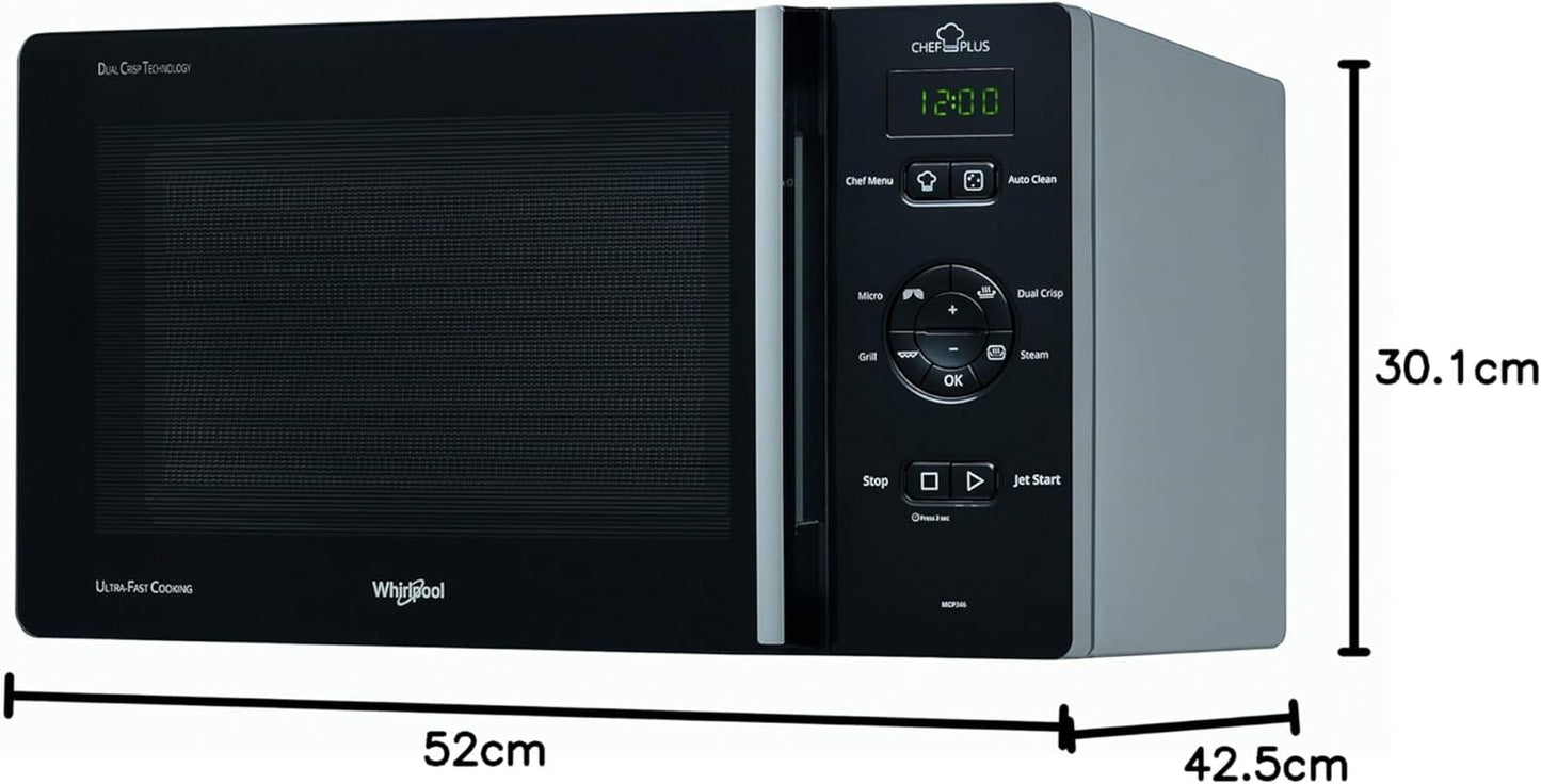 Whirlpool Chefplus Dessus – Micro-Onde (Dessus, Combiné Micro-Ondes, 25 L, 800 W, Boutons, Noir, Argent)