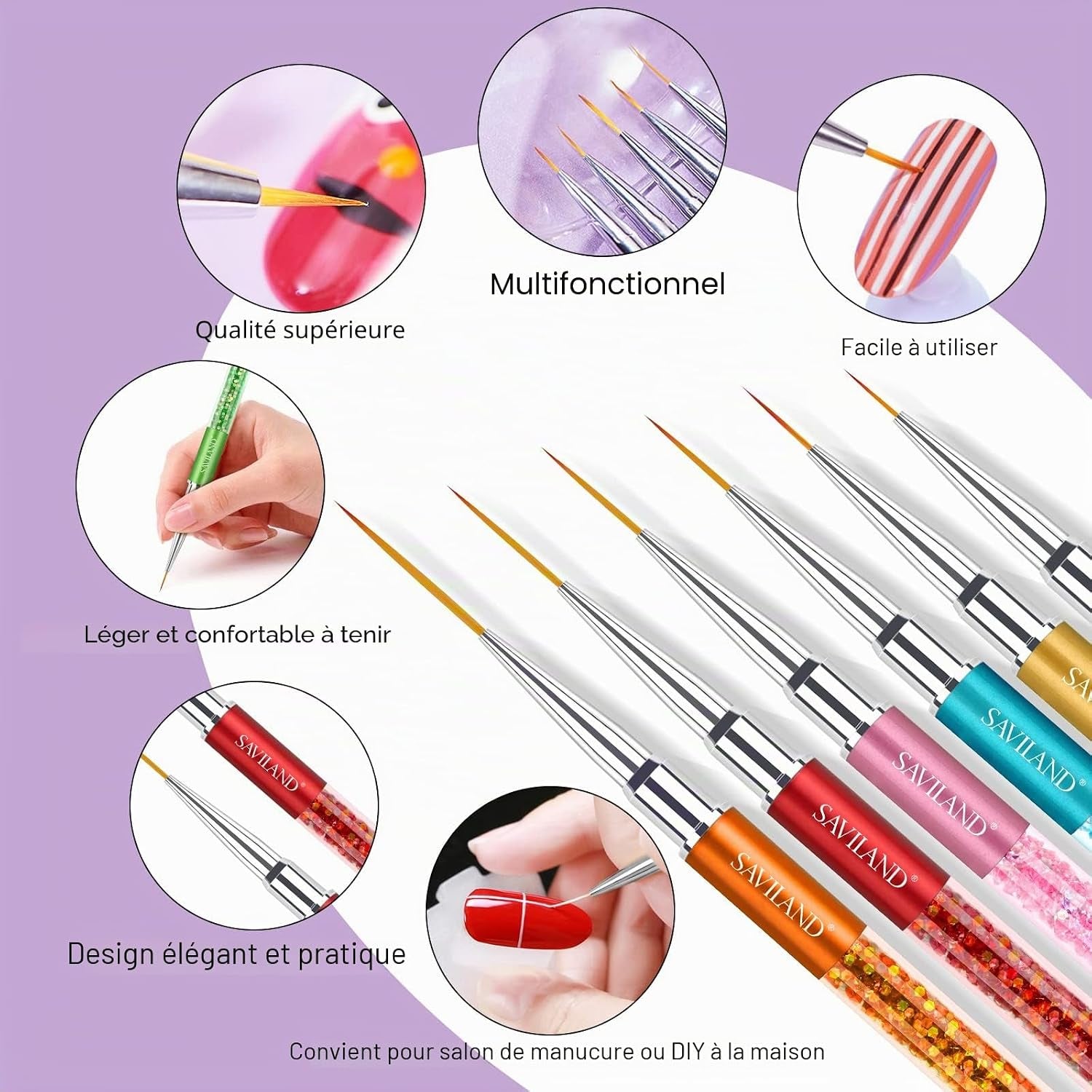 Pinceau Nail Art Ongle, 6Pcs Pinceaux Ongle Kit Fins En Capuchon, Absorption Uniforme Pinceaux Liner Nail Art, Utiliser Facilement Stylos Detailes Pour Gel Peinture（ Taile 7/9/11/13/23 Mm)