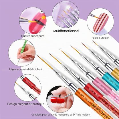 Pinceau Nail Art Ongle, 6Pcs Pinceaux Ongle Kit Fins En Capuchon, Absorption Uniforme Pinceaux Liner Nail Art, Utiliser Facilement Stylos Detailes Pour Gel Peinture（ Taile 7/9/11/13/23 Mm)