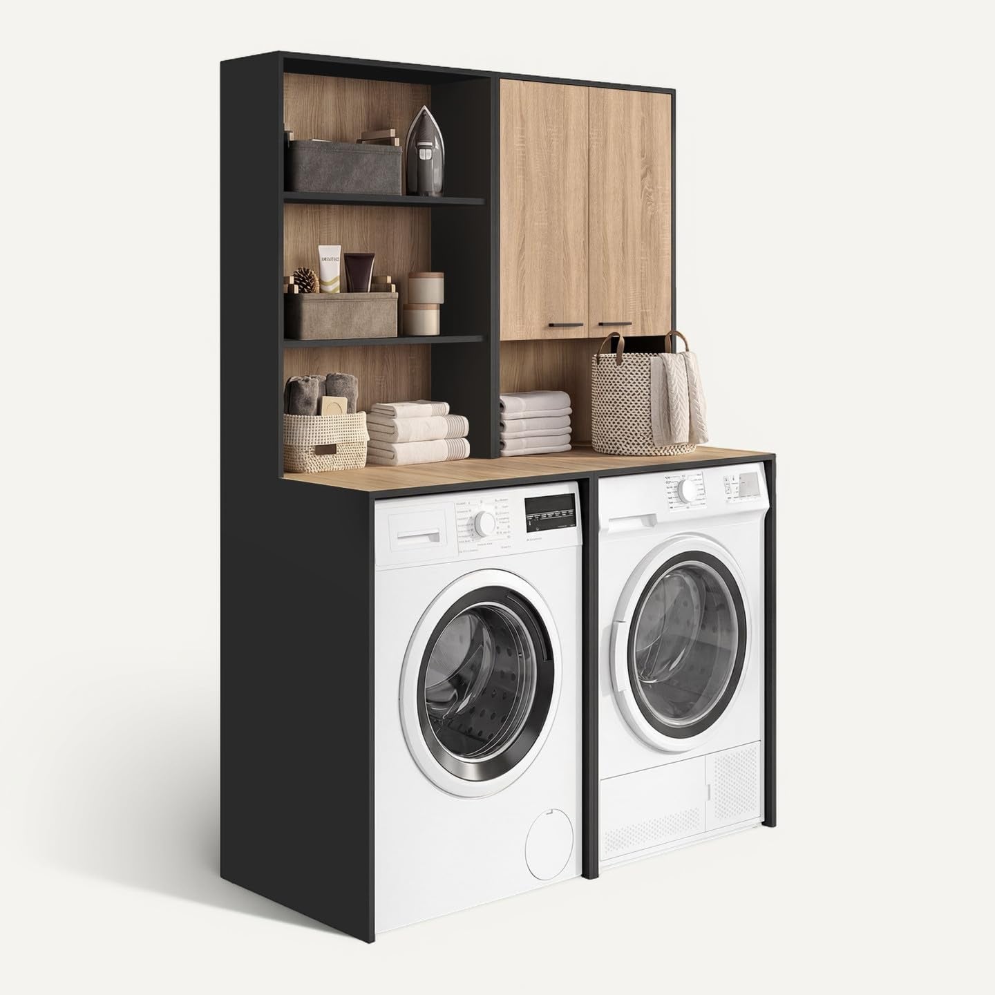 - Meuble Pour 2 Machines À Laver Wallis Noir Et Bois Façon Hêtre | Avec Placard Et Étagères