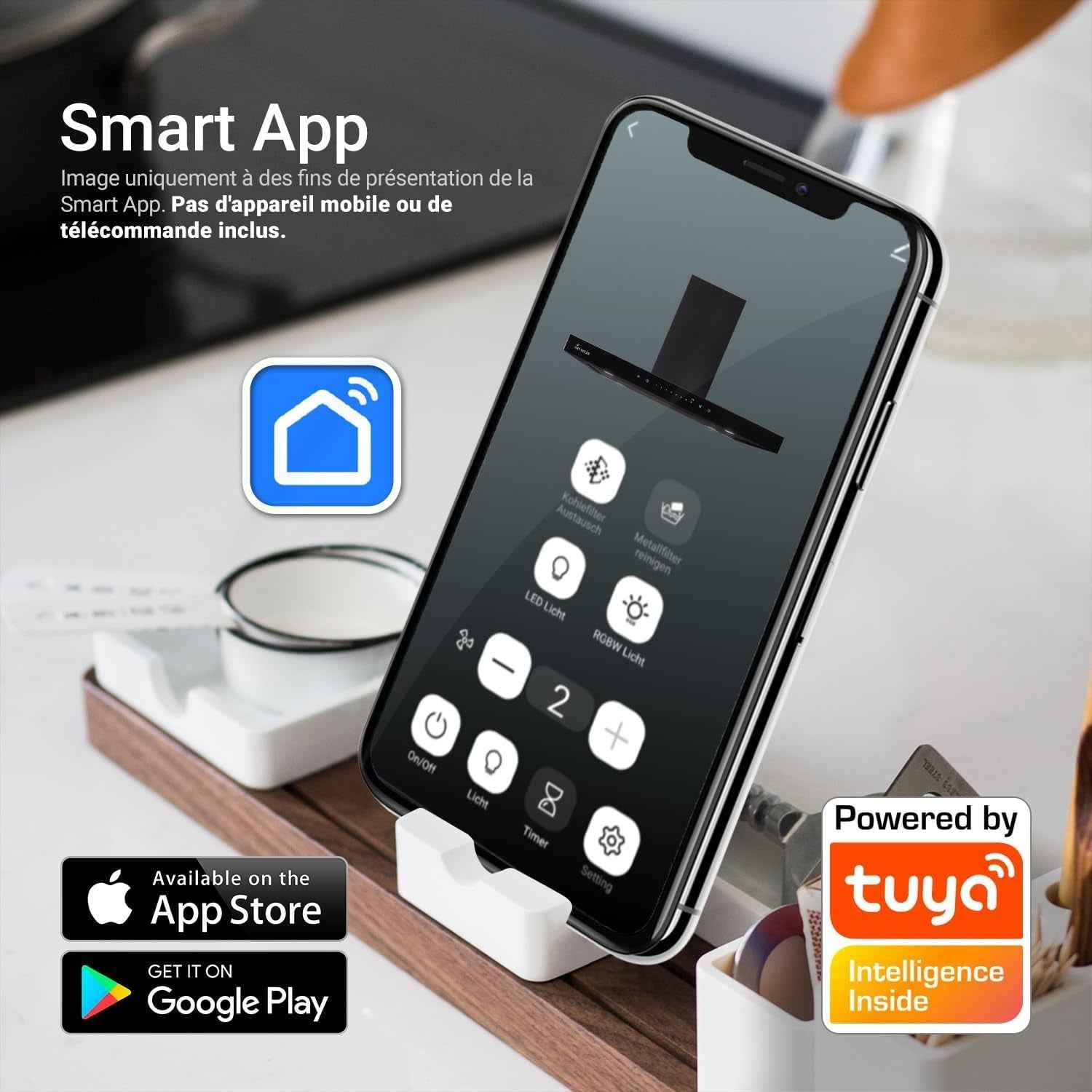 A+++ Hotte 90 Cm 680 M³/H Hotte Îlot Air Évacué Air En Circulation Noir Verre Smart Wifi WLAN App Naloopautomatique Sensortouch Avec Filtre À Charbon FLAT-EILAND-6S