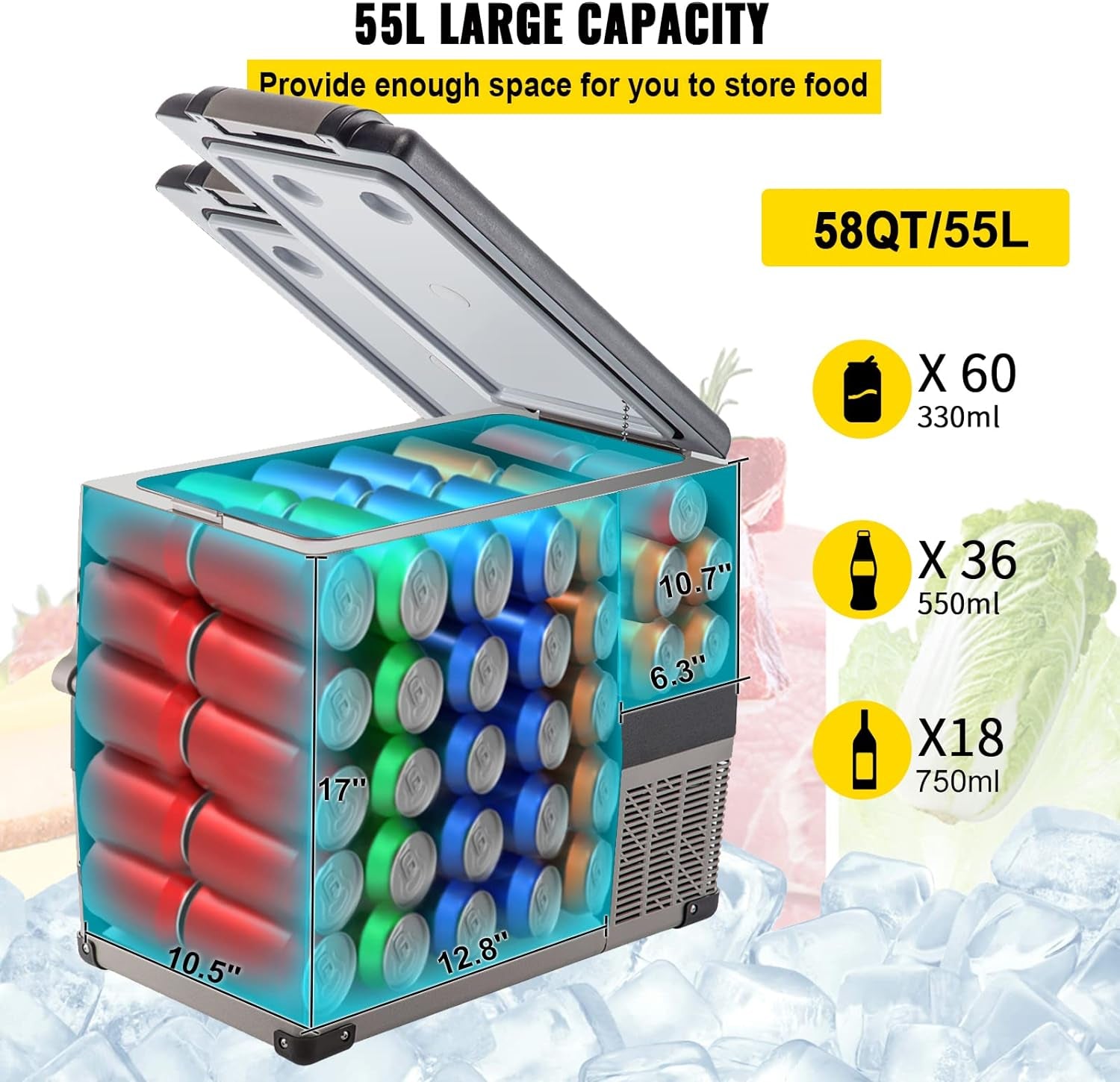 Glacière Électrique Portable De Voiture Mini Frigo Silencieux Portable 220V/55L Avec Panneau Numérique -20 À 20℃ Pour Maison, Voiture Et Camping 69 * 34.5 * 52.4CM