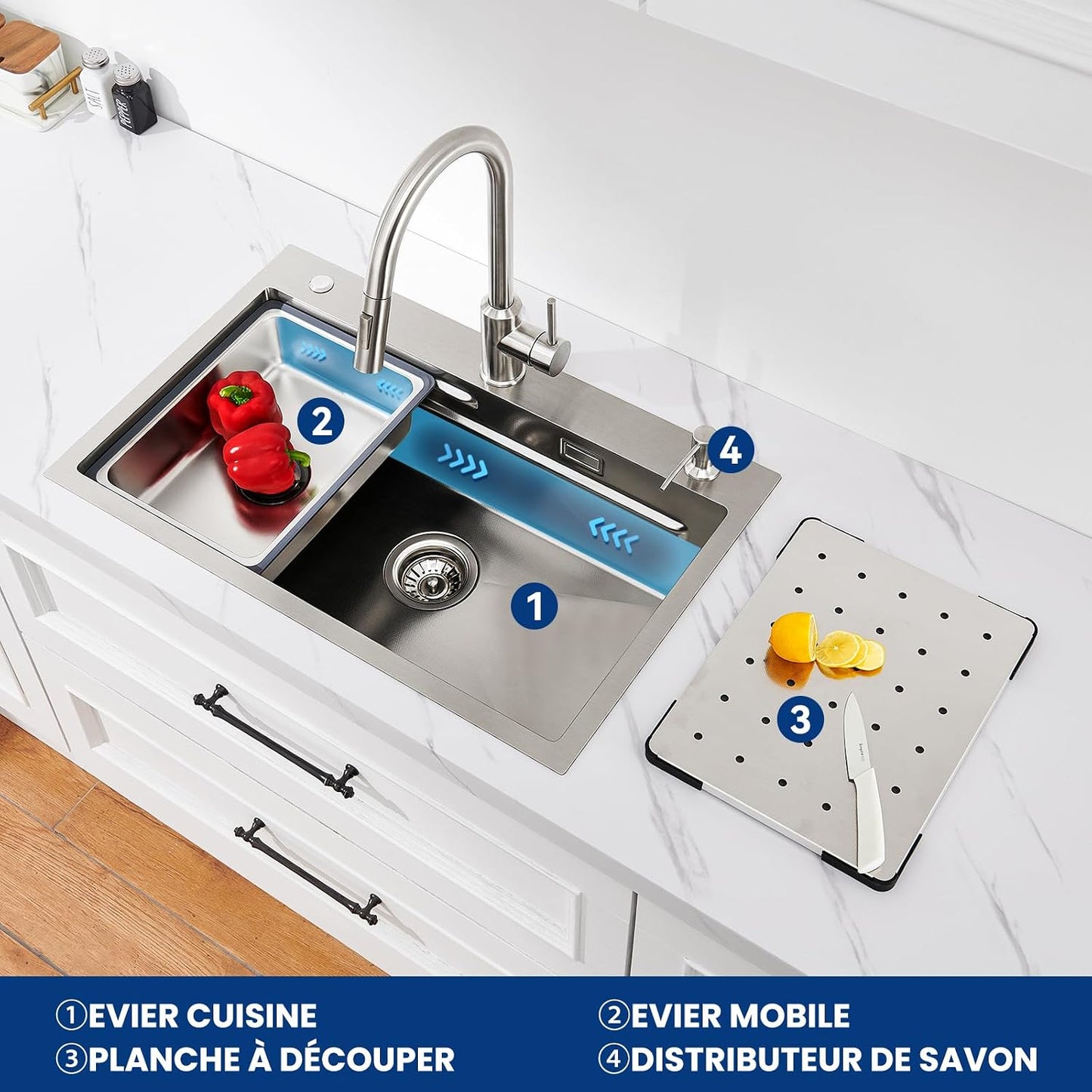 Évier Cuisine Multifonction 70X45 CM, Pour Plan De Travail 80Cm+ | Polyvalent Pour Évier Avec Égouttoir/Planche Découper/Distributeur Savon, Résistant Usure/Corrosion, Facile Nettoyage, Inox