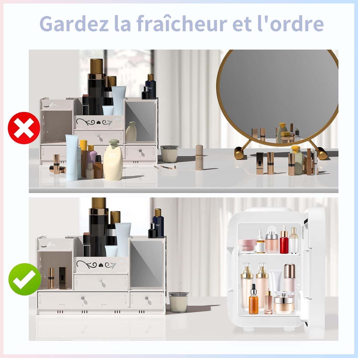 Mini Frigo Pour Chambre, Frigo Skincare Avec Miroir LED, Petit Frigo De 4L Portable, Thermoelectrique Chauffe & Refroidisseur 220V AC / 12V DC Pour Voiture, Bureau, Dortoir (Blanc)