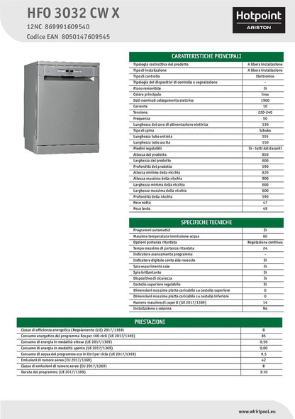 Hotpoint HFO 3O32 CW X Lave-Vaisselle 60Cm À Libre Installation, D Inox