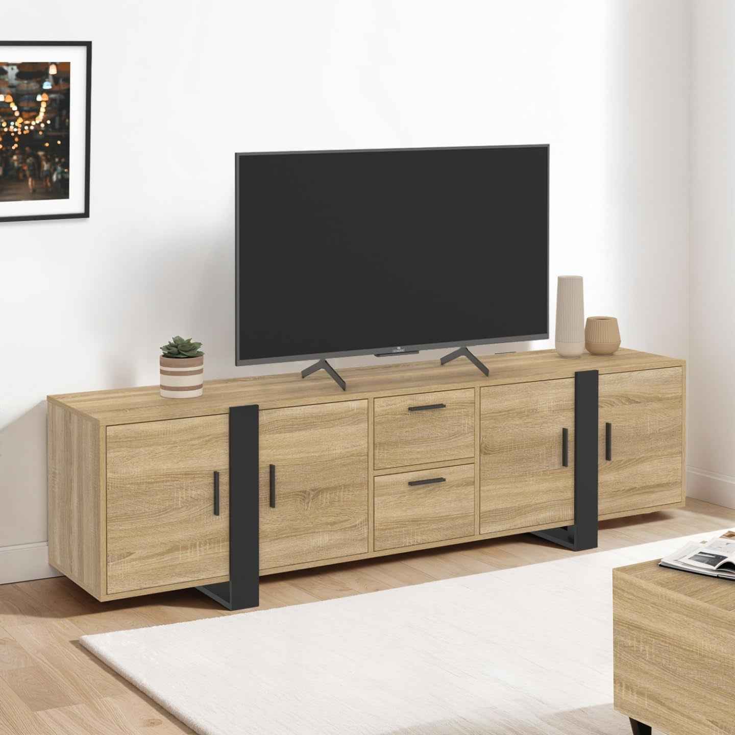 - Meuble TV 180 Cm Phoenix Avec Rangements Bois Et Noir