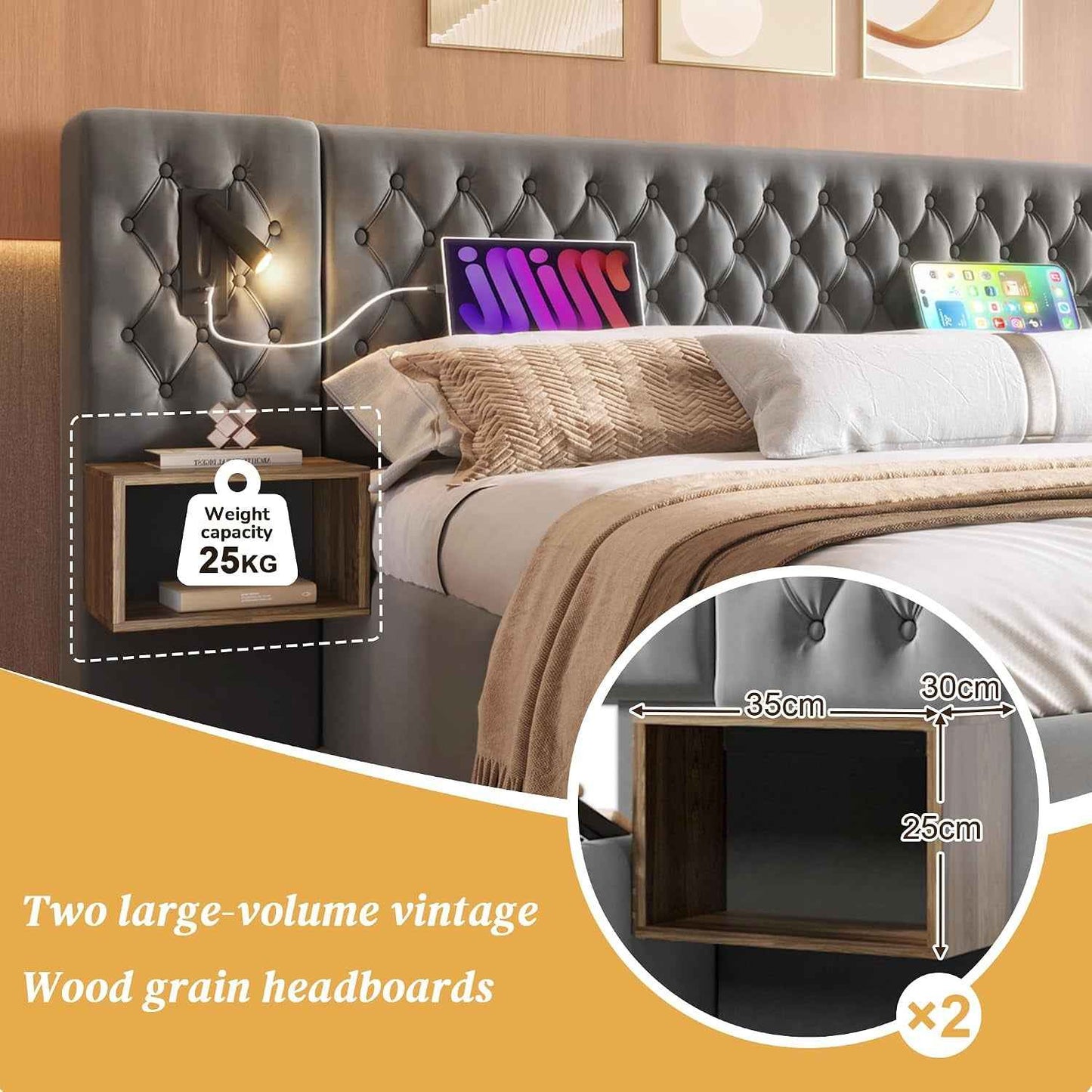 Lit 180X200 Avec Sommier LED Et USB Et 2 Tables De Chevet, Lit Coffre 180X200 Avec 4 Tiroirs Et Tete, Lit Double Avec À Lattes 2 Personnes, Lit Rembourré Cadre De Velours (Sans Matelas)