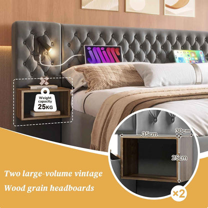 Lit 180X200 Avec Sommier LED Et USB Et 2 Tables De Chevet, Lit Coffre 180X200 Avec 4 Tiroirs Et Tete, Lit Double Avec À Lattes 2 Personnes, Lit Rembourré Cadre De Velours (Sans Matelas)