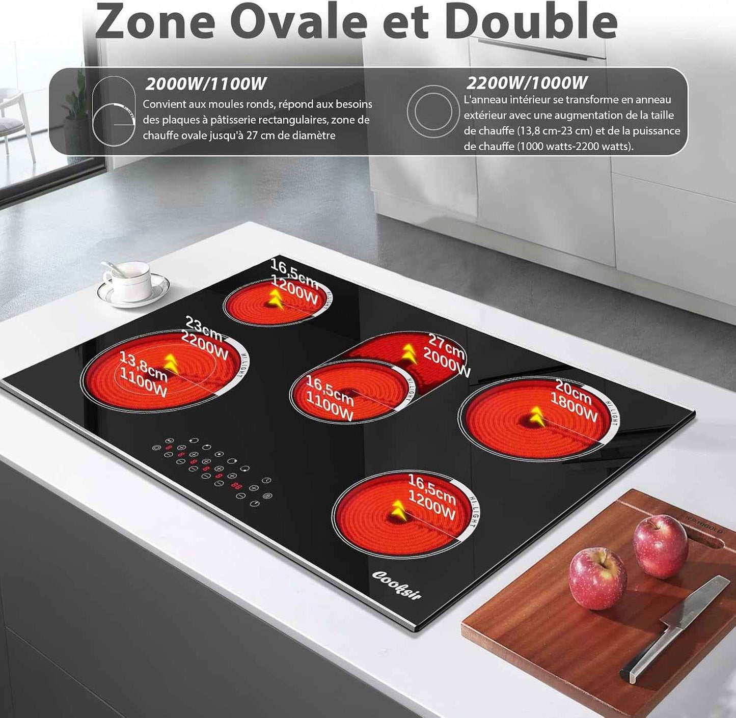 Plaque Vitrocéramique 5 Feux Avec Cadre | Plaque Électrique Encastrable 77CM, Contrôle Tactile Indépendant, 8400W, Zone Ovale Pour Grillade, Pause, Minuterie, 220V