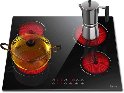 60 Cm Plaque De Cuisson Vitrocéramique 4 Feux, 6000 Watts | Minuterie De 99 Minutes, Verrouillage De Sécurité Pour Enfants, 9 Niveaux De Puissance, 220-240 V