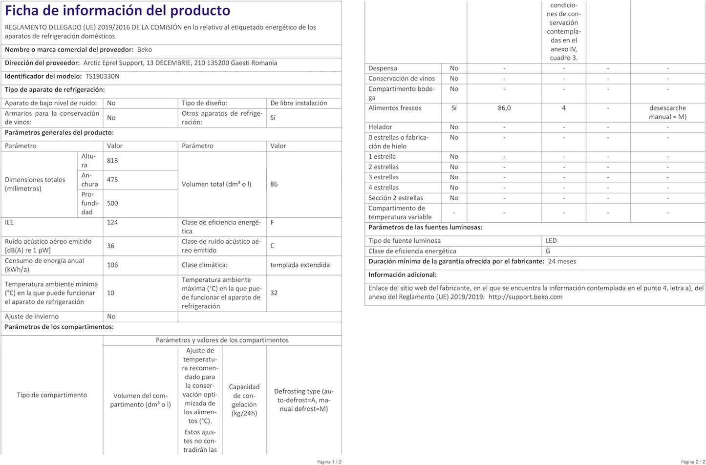 Beko TS190330N Réfrigérateur Table Top - Encastrable, 38 Db, Classe F