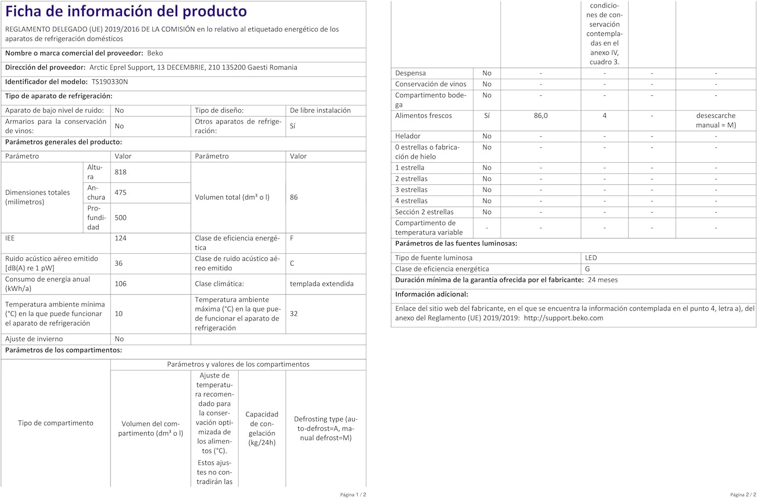 Beko TS190330N Réfrigérateur Table Top - Encastrable, 38 Db, Classe F