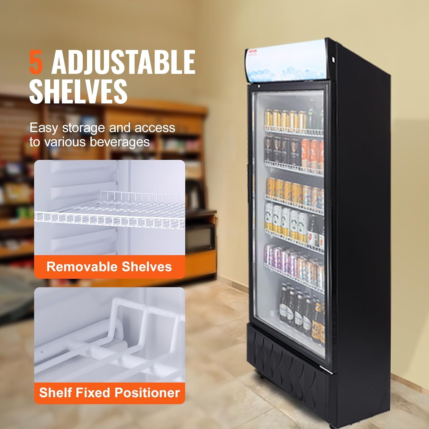 Réfrigerateur À Boissons Commercial 345 L Frigo Vitrine Température 0-10 ℃Armoire À Boisson Réfrigérée Avec 5 Étagères Réglables Et Caisson Lumineux Personnalisable Pour Magasin Supermarché Bar