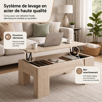 Table Basse Relevable Bois Clair. 100 X 45 X 50 Cm. Table De Salon Avec Compartiment Moderne. Table Basse Avec Plateau Relevable