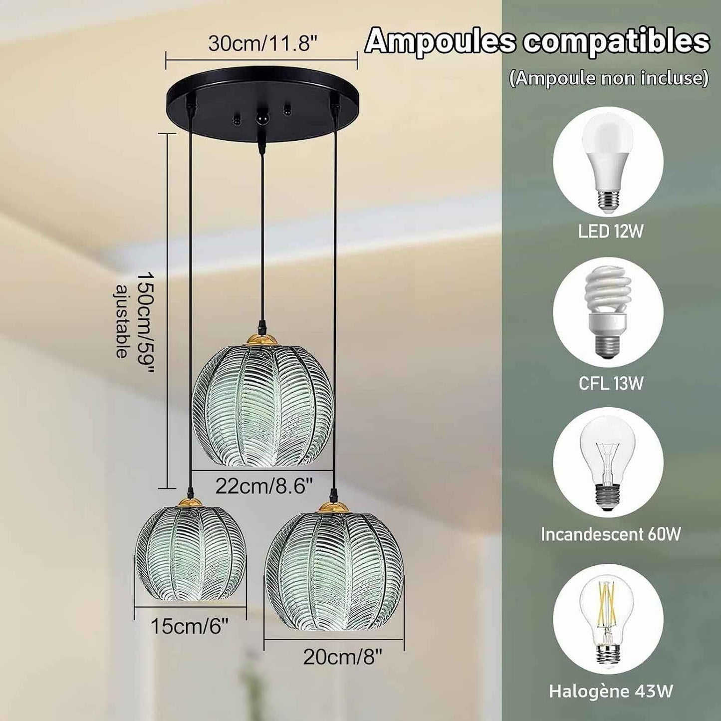 Suspension Luminaire Verre, Lustre Salon Moderne, Abat-Jour En Verre Réglable En Hauteur,Cordon 150 Cm, Pour Chambre,Cuisine,Salle À Manger E27 Ampoule