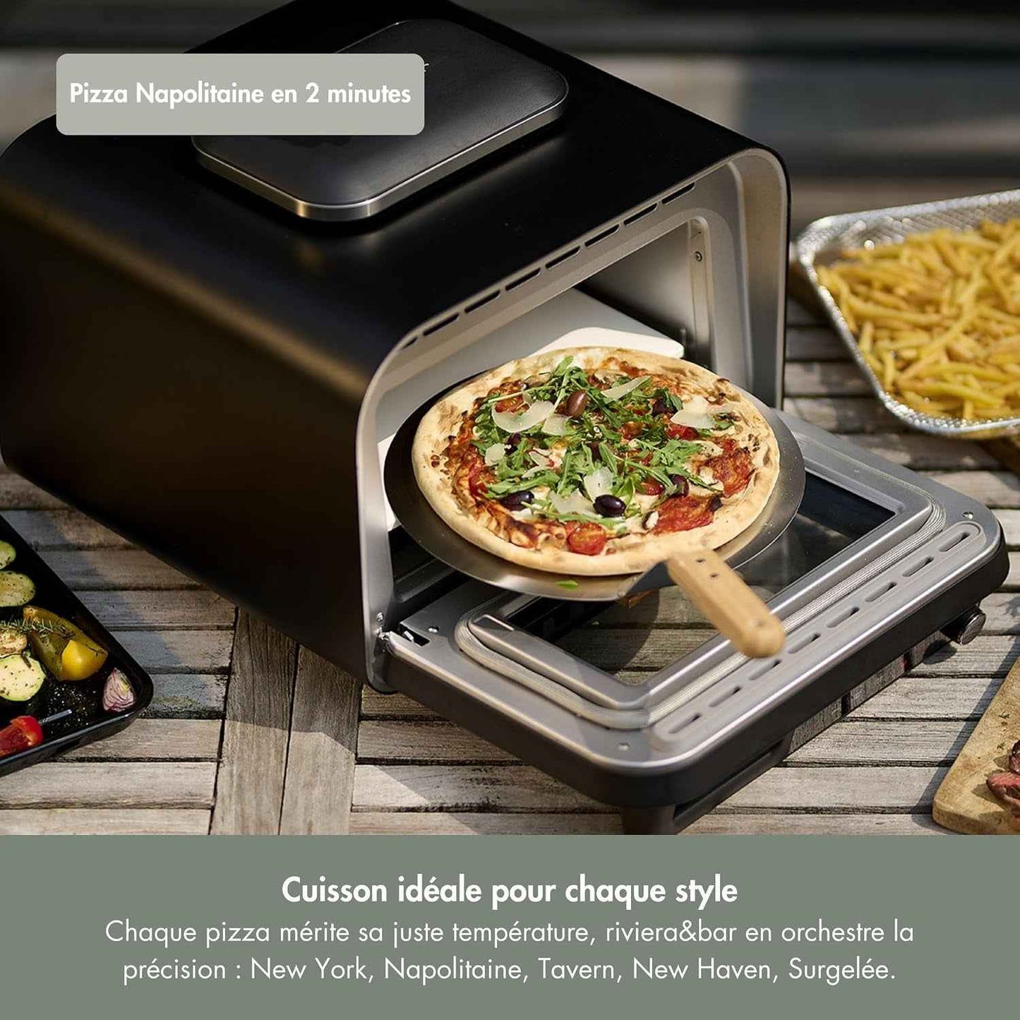 Riviera&Bar Four À Pizza - Four Compact Et Polyvalent, Haute Température - Programmes Variés Dont Air Fryer, Écran Digital Intuitif - Utilisation Intérieure Et Extérieure - Accessoires Inclus