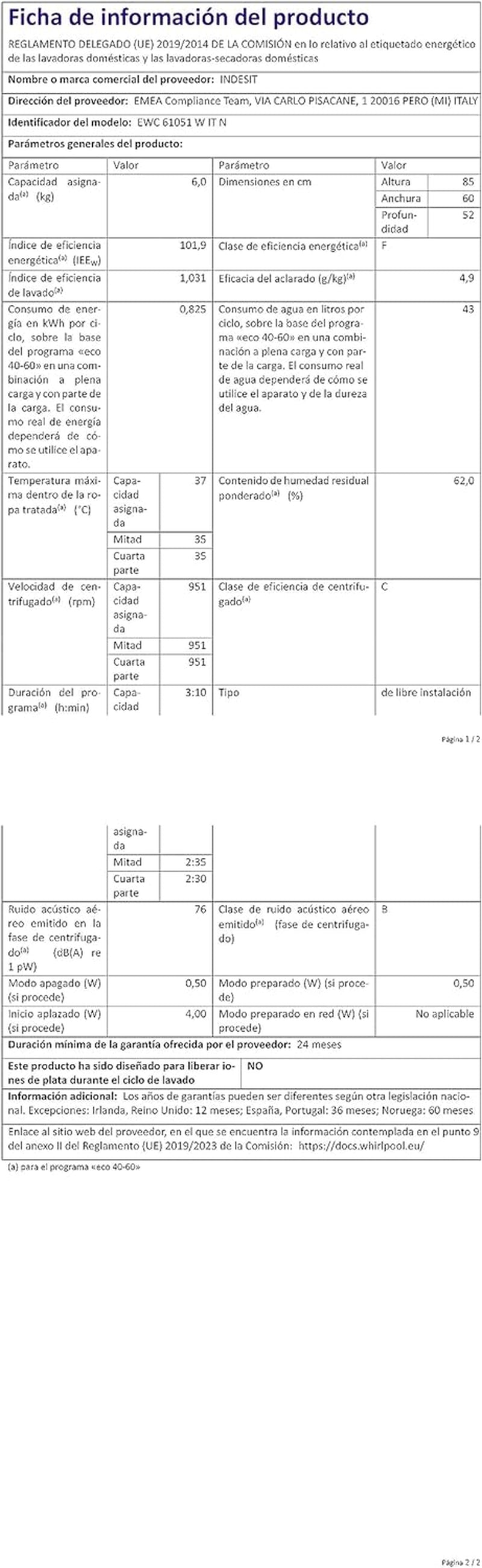 EWC 61051 W IT N - Machine À Laver 6 Kg Libre Installation, Charge Avant. Centrifugeuse 1000 Tours Par Minute - Largeur 59,5 Cm, Profondeur 51,7 Cm, Hauteur 85 Cm, Classe Énergétique F