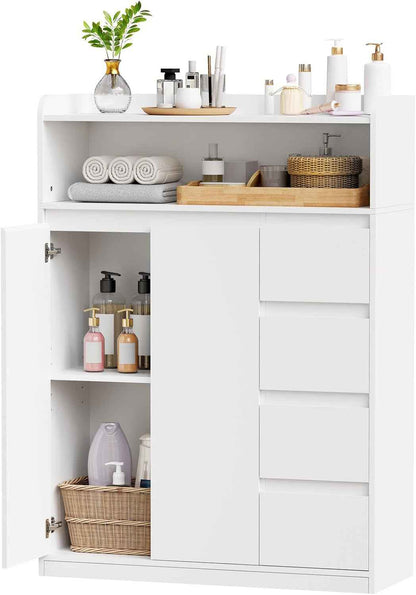 Meuble Salle De Bain, Armoire Sur Pied Haute Niveaux 110X80X30Cm | Meuble De Rangement Avec Étagère Réglable À 4 Tiroirs, 2 Portes, Commode, Pour Salon, Salle De Bain, Blanc SBC015W