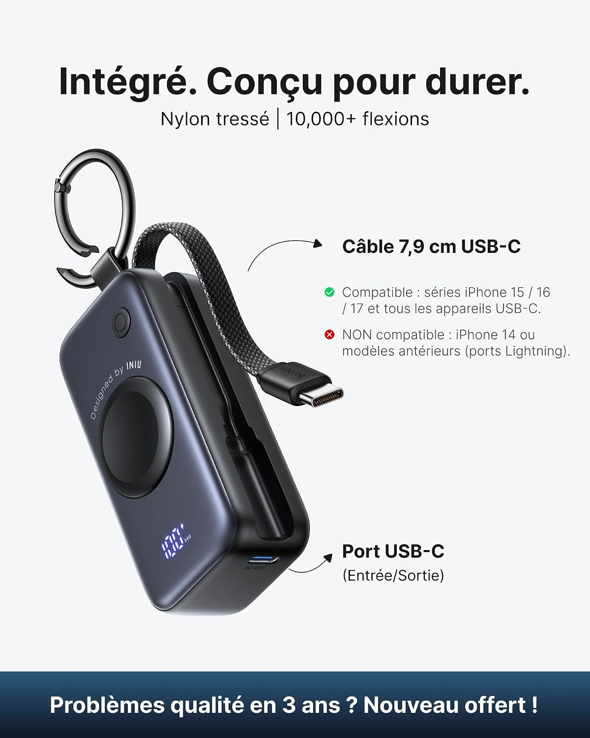 Power Bank Pour Apple Watch, Mini 5000Mah 20W Charge Rapide Chargeur | Batterie Externe Avec Câble Intégré, Mince Batterie Avec Porte-Clés Et LCD Pour Iwatch 10/9/8/Ultra2/Ultra, Iphone 17 16 Etc