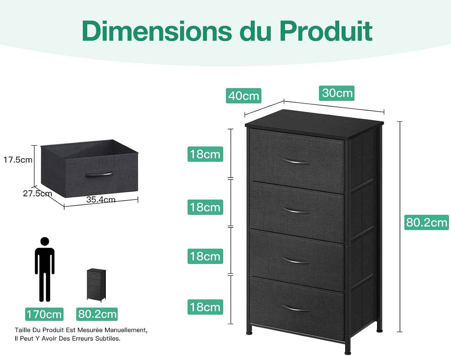 Noir Commode Chambre Adulte, Avec 4 Tissu Tiroirs | Petite Commode Adaptée Au Salon, Cadre En Acier Robuste, Plateau En Bois, 40 X 30 X 80Cm