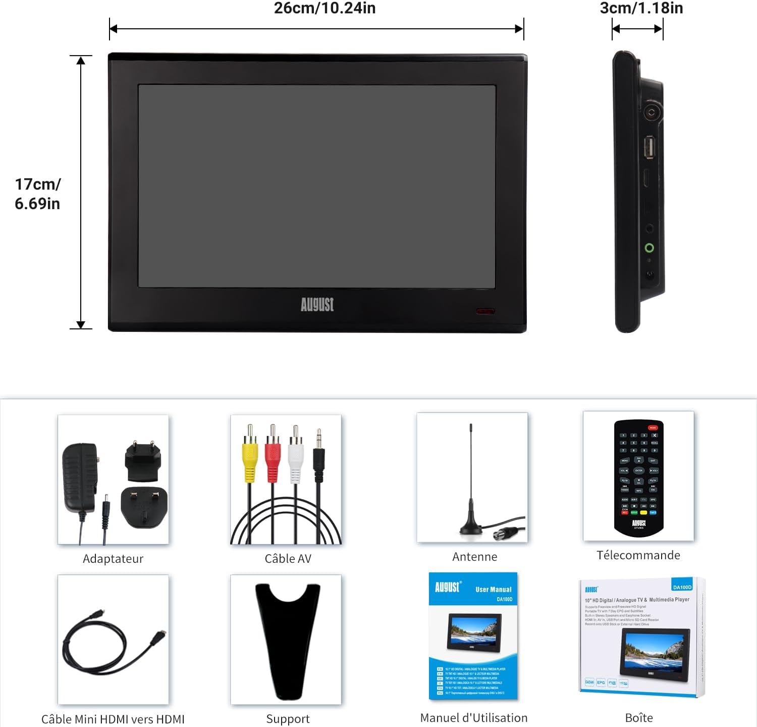 DA100D TV Portable TNT HD 10,1" Avec Enregistreur&Lecteur Multimédia | Enregistreur PVR Avec Timeshift Contrôle Du Direct, Entrées HDMI&AV, Sur Secteur/Piles Rechargeables AA/12V Camping-Car