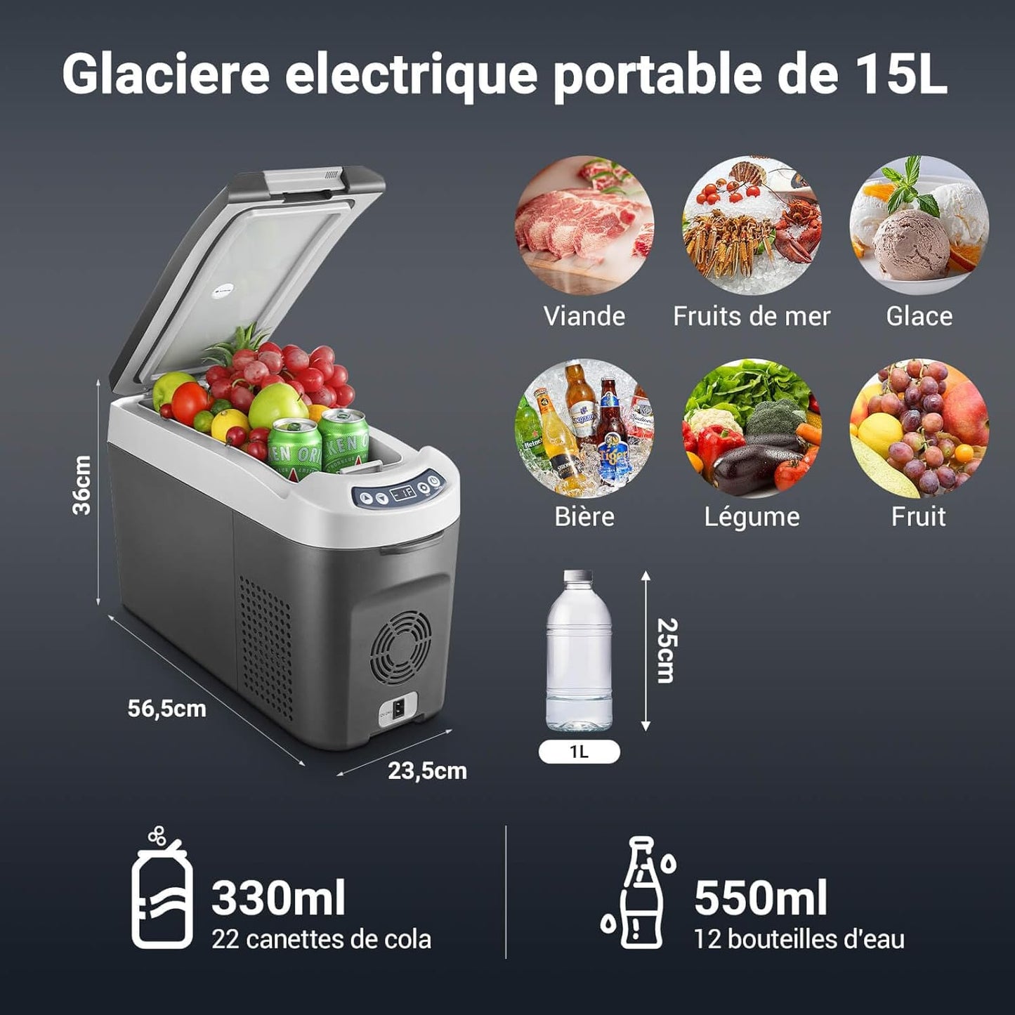 15L Glaciere Électrique, 12V Réfrigérateur De Voiture À Compresseur, Frigo Pour Voiture, Camion, Camping, Voyage