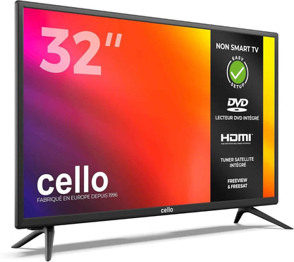 TV 32 Pouces LED HD Ready Avec Lecteur DVD Intégré – Triple Tuner DVB-T2/S2/C, USB Enregistrement, 3X HDMI, Non Smart, Design Compact