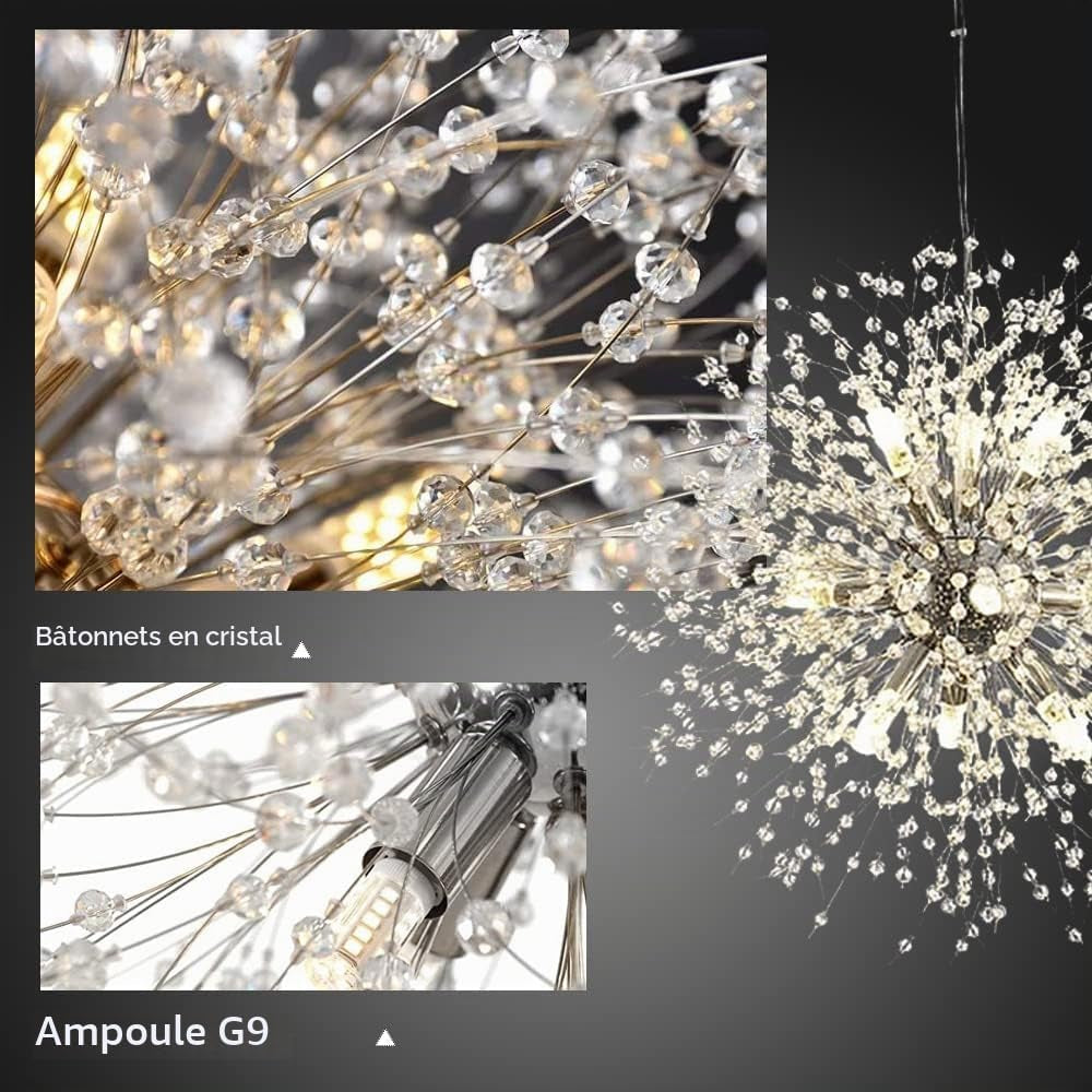 MONTERREY Lustre Pissenlit À 9 Lumières LED Feu D'Artifice Cristal Moderne Éclairage Suspendu Plafond De Luminaires Suspendus (2 Bâtons + Ampoules G9 En Cadeaux), Argent