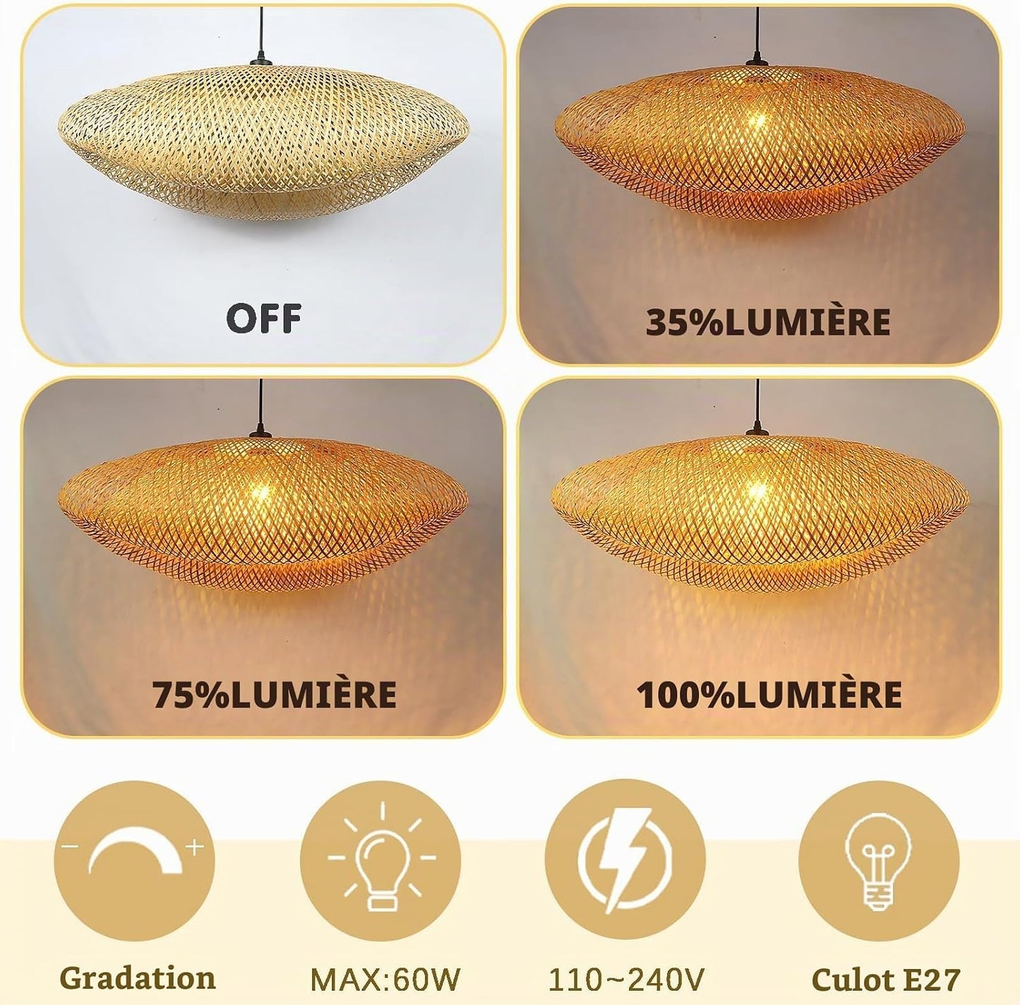 Créativité Suspension Luminaire,Chapeau Tissé À La Main Luminaire Plafonnier Bambou Rétro Plafonnier Chambre 100Cm Lustre Salon Pour Cuisine Salle À Manger Salon Restaurant,Paille Légère