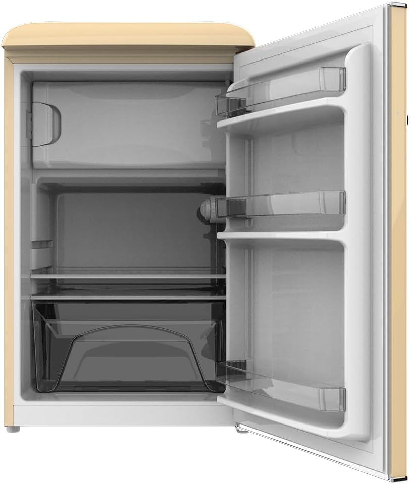 Mini Frigo Réfrigérateur Rétro Bolero Coolmarket TT Origin 110 Beige E. Mini Frigo Rétro Avec Une Capacité De 110L, Classe E, Icebox, LED Intérieur, Poignée Chromée, Plateaux En Verre