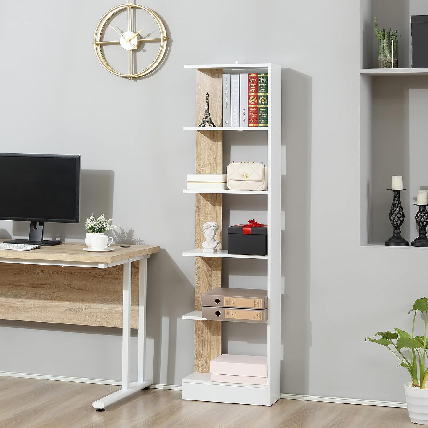 Bibliothèque Étagère De Rangement 45 X 21 X 170 Cm Blanc Et Chêne | 5 Compartiments Ouverts, Design Simple Moderne, Idéale Pour Salon Chambre Bureau