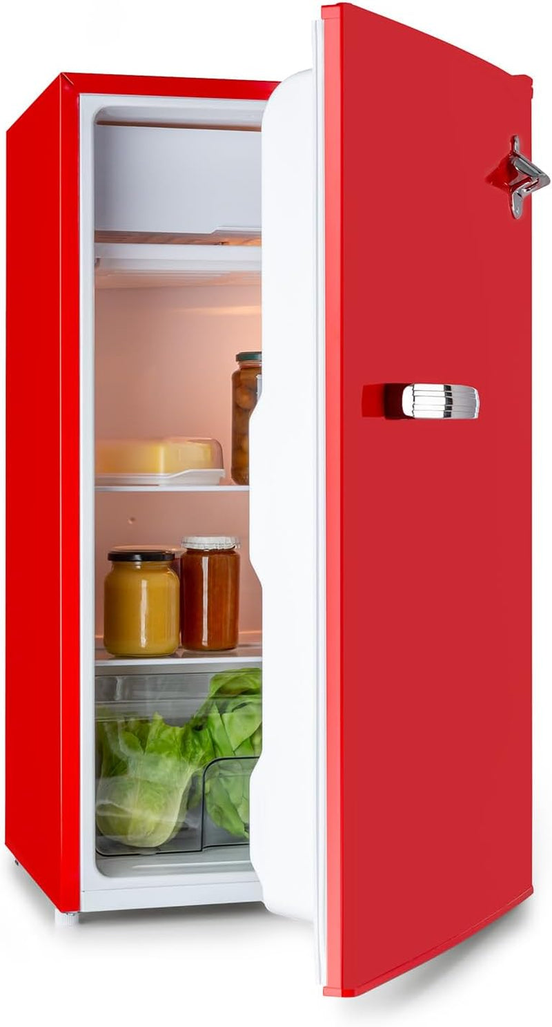 Beercracker - Réfrigérateur 90 L, 90 L, Classe D'Efficacité Énergétique E, Compartiment Congélateur, 3 Compartiments De Porte, Décapsuleur Sur L'Appareil, 2 Clayettes En Verre, Rouge