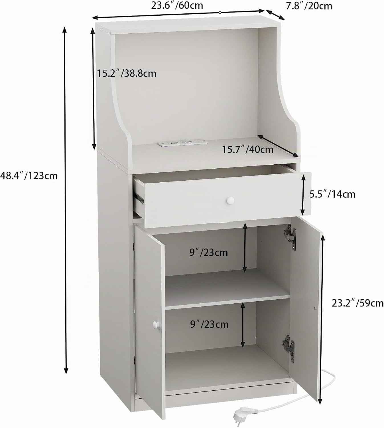 Meuble Micro-Ondes Buffet Avec Prise Armoire De Cuisine Avec 1 Tiroir 1 Grand Casier Et Bandeau Lumineux LED Meuble Buffet 60X40X123Cm Pour Salle À Manger, Cuisine, Salon Blanc