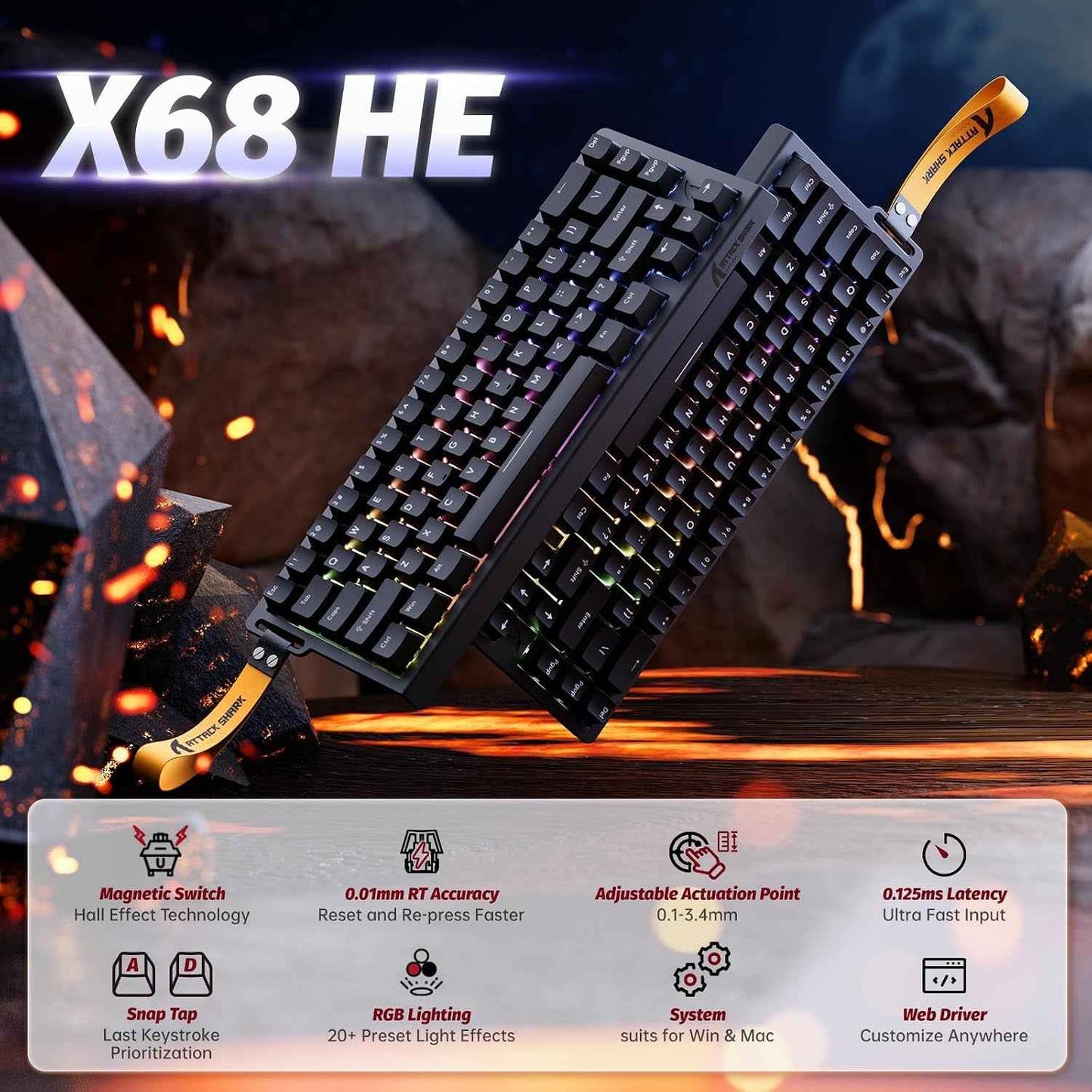 X68 HE Clavier 8000Hz Rapid Trigger, Clavier Gamer Filaire RGB 60% Avec Précision RT De 0,01 Mm Avec Interrupteur Magnétique, Actionnement Réglable, Snap Tap, Pour Pc/Mac, Noir