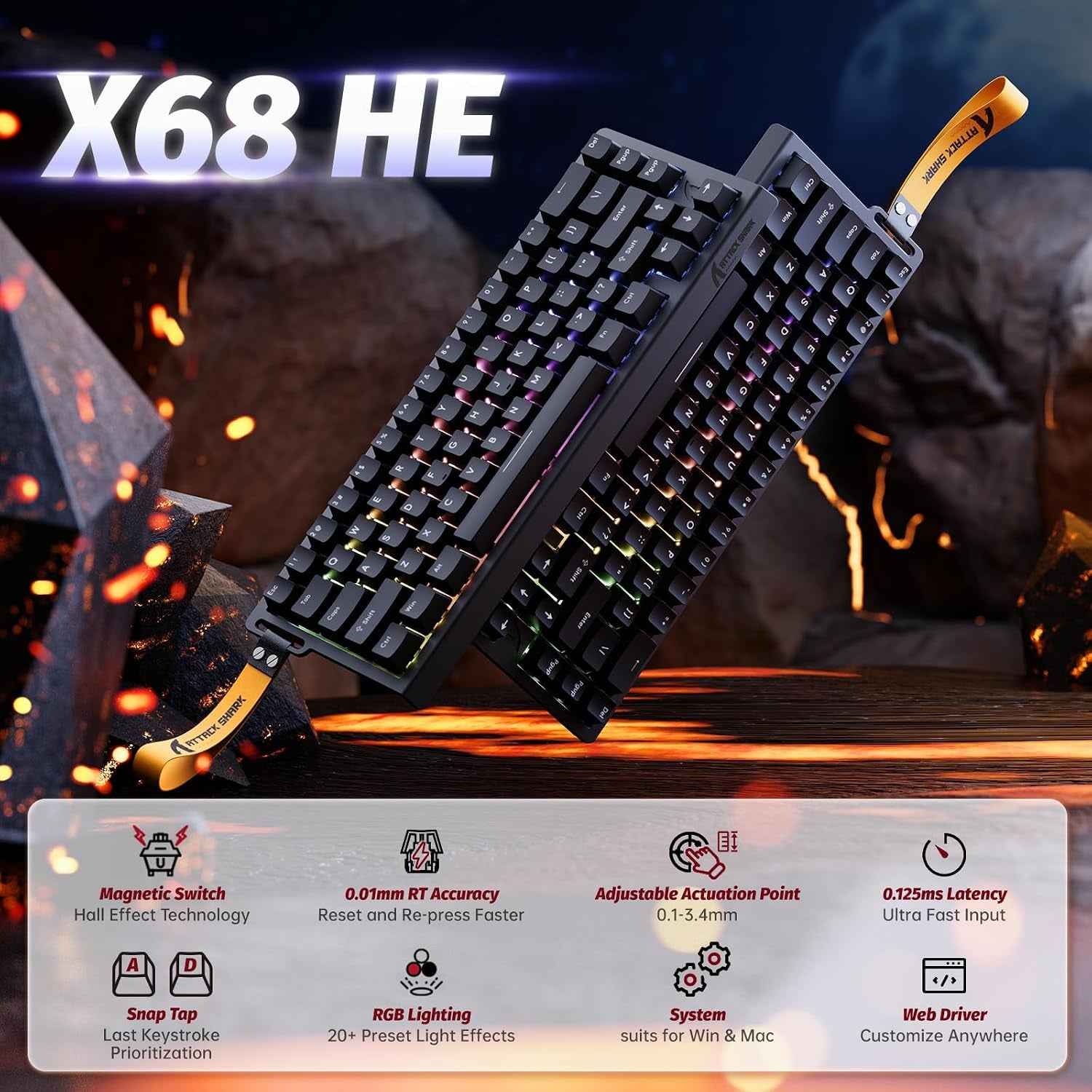 X68 HE Clavier 8000Hz Rapid Trigger, Clavier Gamer Filaire RGB 60% Avec Précision RT De 0,01 Mm Avec Interrupteur Magnétique, Actionnement Réglable, Snap Tap, Pour Pc/Mac, Noir