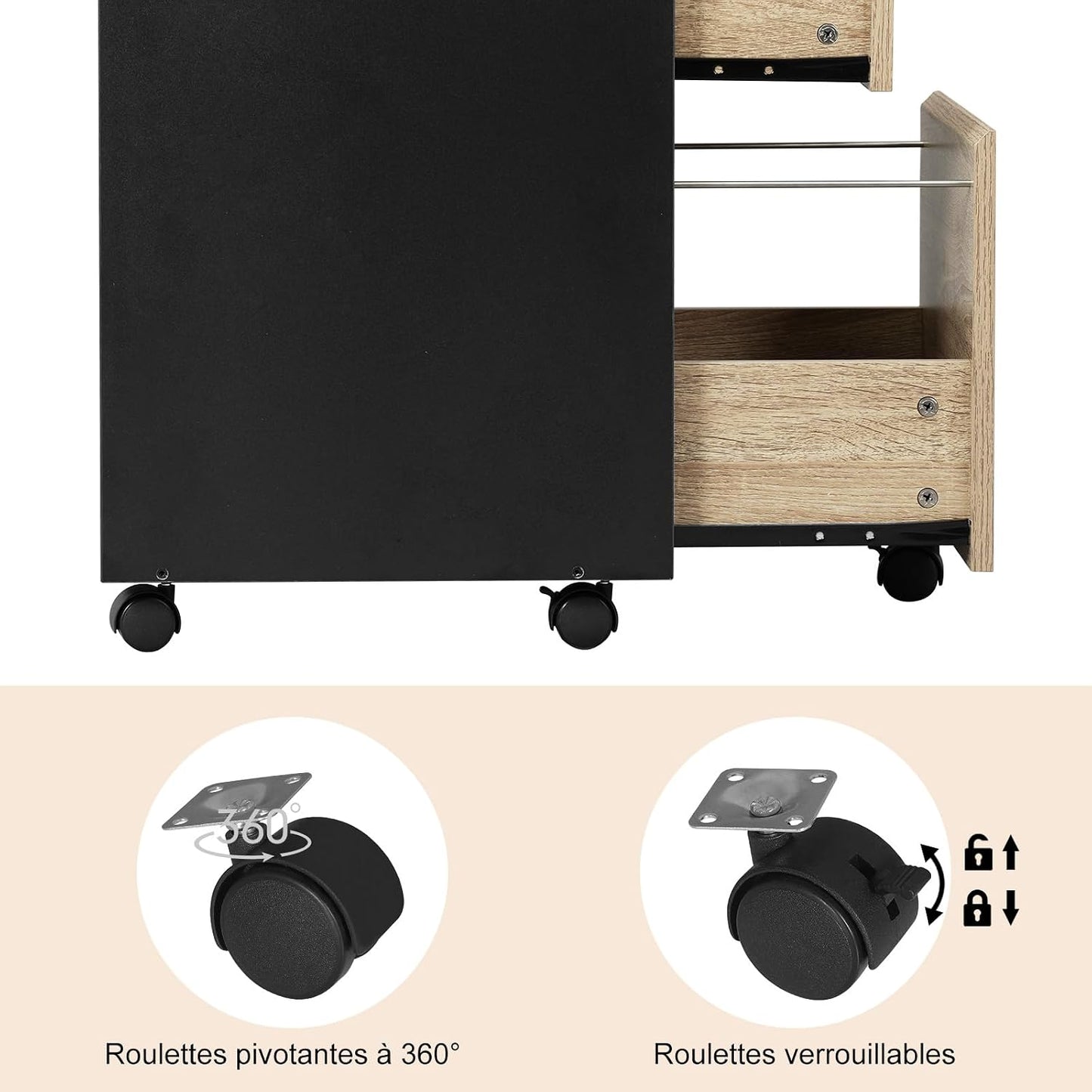 Caisson Bureau Mobile, Documents Avec 3 Tiroirs, Chêne Clair Et Noir | Sur Roulettes Meuble Rangement, 40X40X71.5Cm